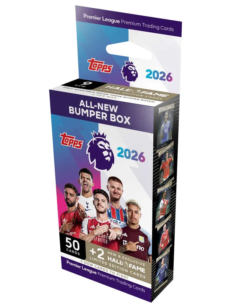 Topps Premier League 2026 Bumper Box with 50 trading cards and 2 exclusive Hall of Fame Limited Edition cards