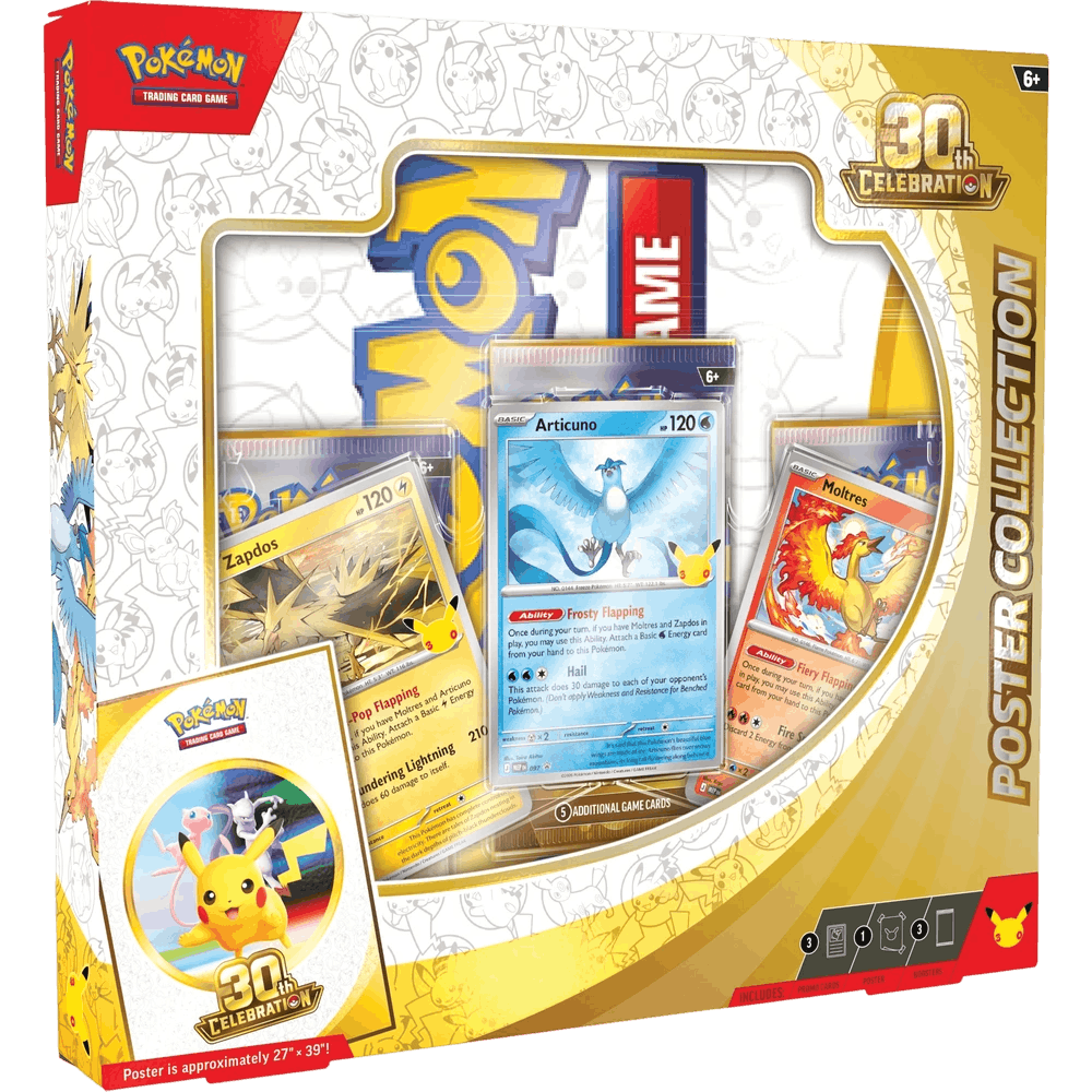 Pokémon TCG 30th Celebration Poster Collection with Articuno, Zapdos and Moltres promo cards
